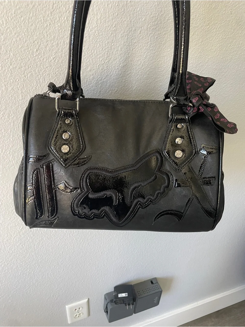 Vintage Y2K RARE FOX Racing Black Handbag  satchel Purse with Pink Logo Ribbon